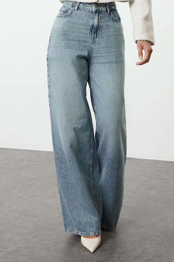 Stil Kadın Moda Denim Kot Pantolon Uzun Geniş Paça Mavi Yüksek Bel Ekstra Palazzo Jeans - Image 1