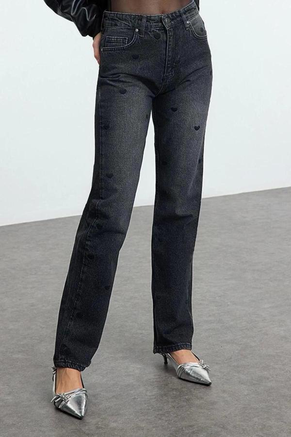 Stil Kadın Moda Denim Kot Pantolon Uzun Boru Paça Kalpli Yüksek Bel Straight Jeans - Image 1