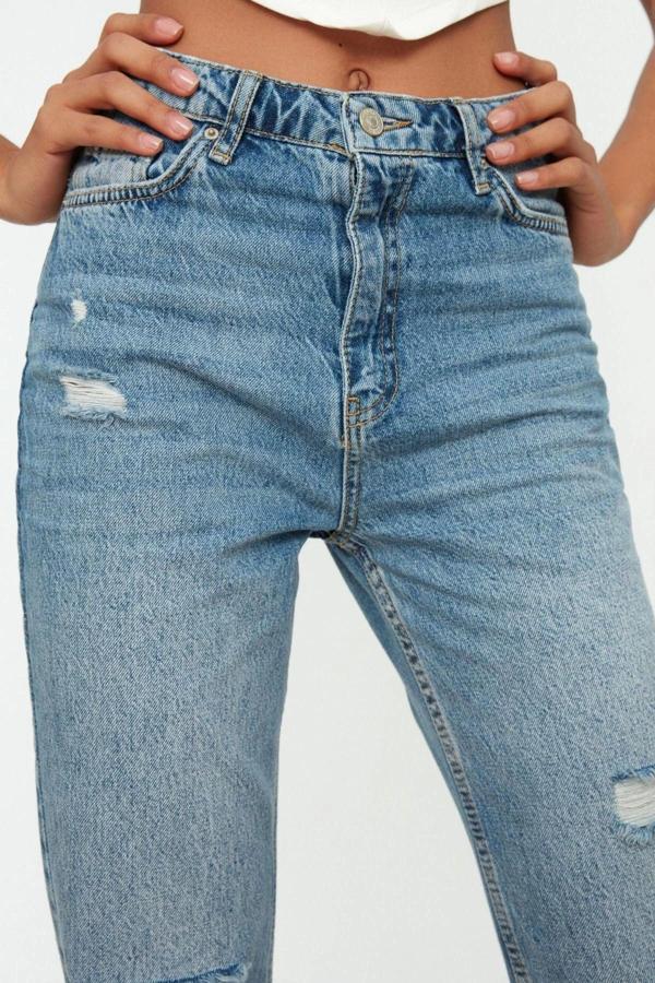 Stil Kadın Moda Denim Kot Pantolon Regular Boru Paça Mavi Yırtık Detaylı Yüksek Bel Jeans - Image 1