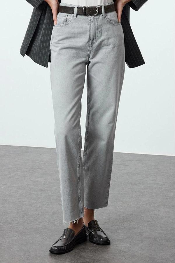 Stil Kadın Moda Denim Kot Pantolon Uzun Boru Paça Gri Yüksek Bel Straight Jeans - Image 1