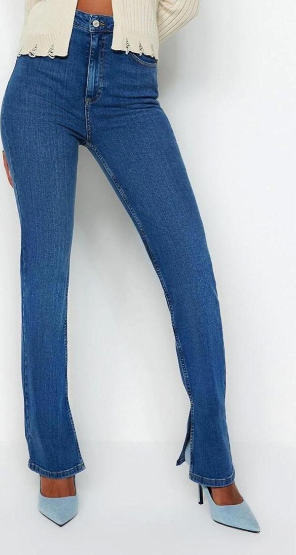 Stil Kadın Moda Denim Kot Pantolon Uzun Boru Paça Yırtmaçlı Süper Yüksek Bel Slim Jeans - Image 1