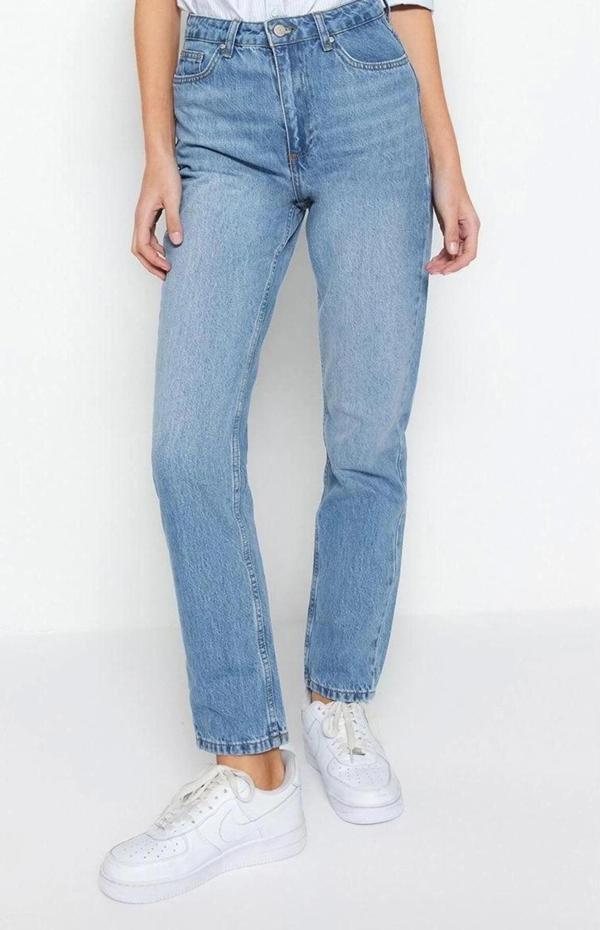 Stil Kadın Moda Denim Kot Pantolon Regular Boru Paça Mavi Yüksek Bel Straight Jeans - Image 1