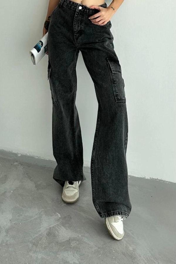 Stil Kadın Moda Denim Kot Pantolon Uzun Geniş Paça Antrasit Kargo Cepli Yüksek Bel Jeans - Image 1