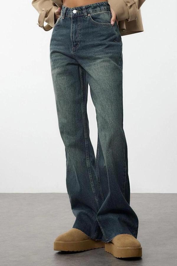 Stil Kadın Moda Denim Kot Pantolon Uzun Geniş Paça Mavi Yüksek Bel Straight Jeans - Image 1