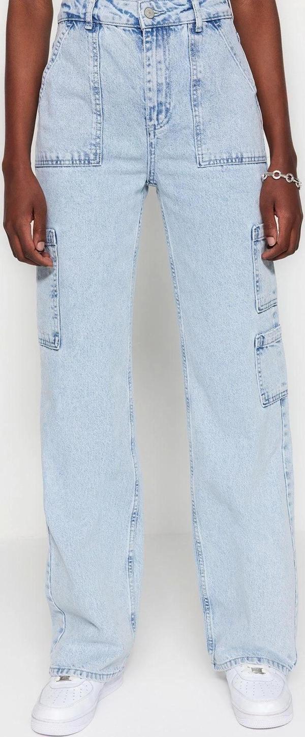 Stil Kadın Moda Denim Kot Pantolon Uzun Geniş Paça Kargo Cepli Yüksek Bel Jeans - Image 1