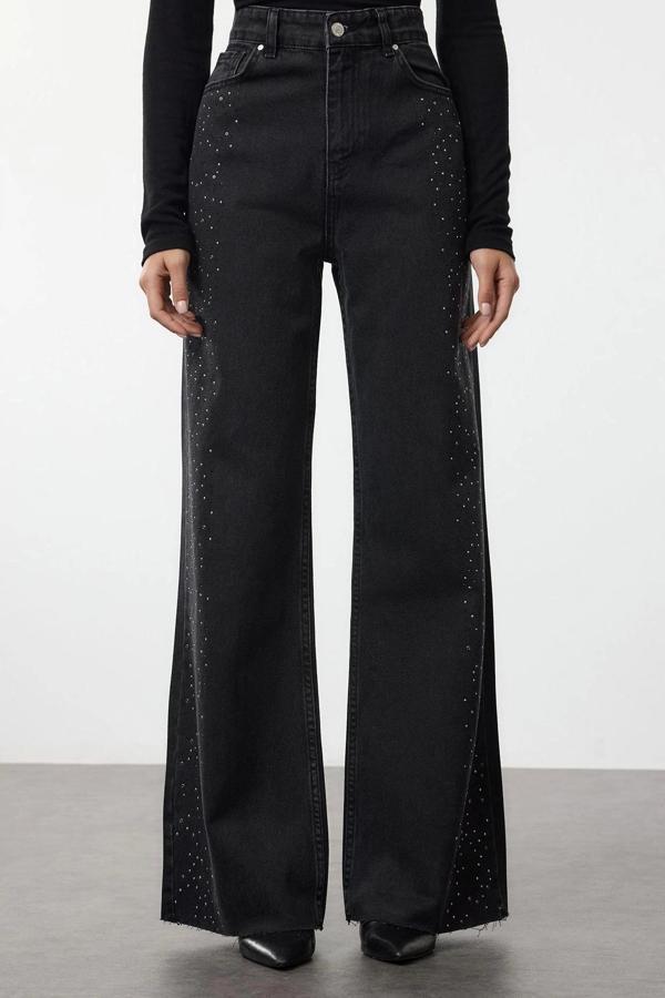 Stil Kadın Moda Denim Kot Pantolon Uzun Geniş Paça Taşlı Yüksek Bel Jeans - Image 1