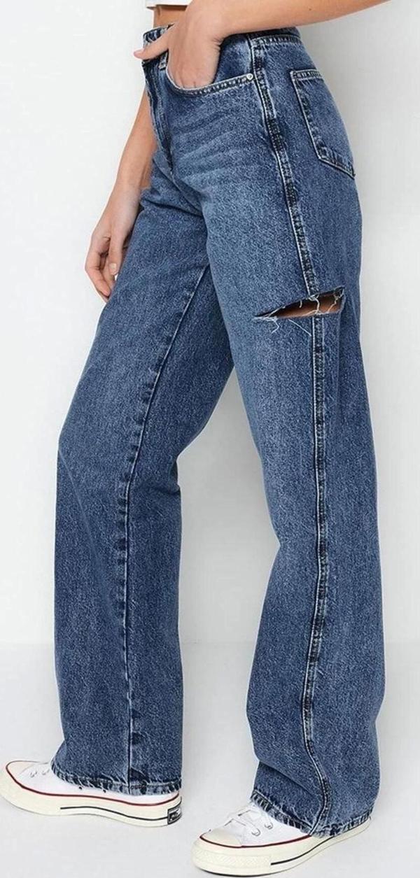 Stil Kadın Moda Denim Kot Pantolon Uzun Geniş Paça Yırtıklı Yüksek Bel Jeans - Image 1