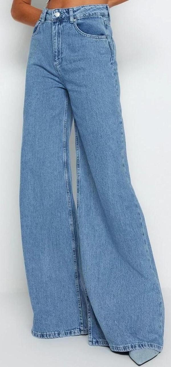 Stil Kadın Moda Denim Kot Pantolon Uzun Geniş Paça Mavi Yüksek Bel Ekstra Palazzo Jeans - Image 1
