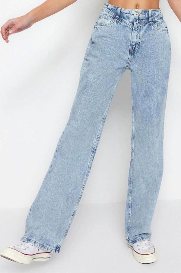 Stil Kadın Moda Denim Kot Pantolon Regular Geniş Paça Gri Bel Detaylı Yüksek Bel Jeans - Image 1