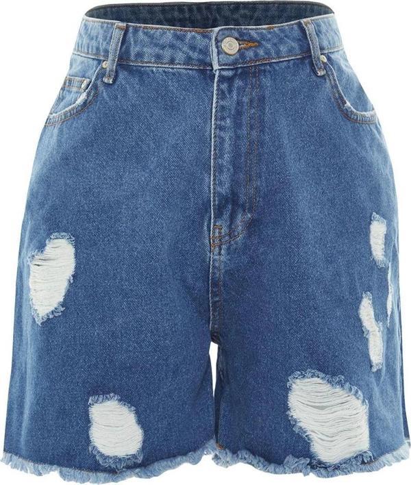 Büyük Beden Moda Denim Yüksek Bel Geniş Paça Gündelik Koyu Mavi Yüksek Bel Destroylu Şort Bermuda - Image 1