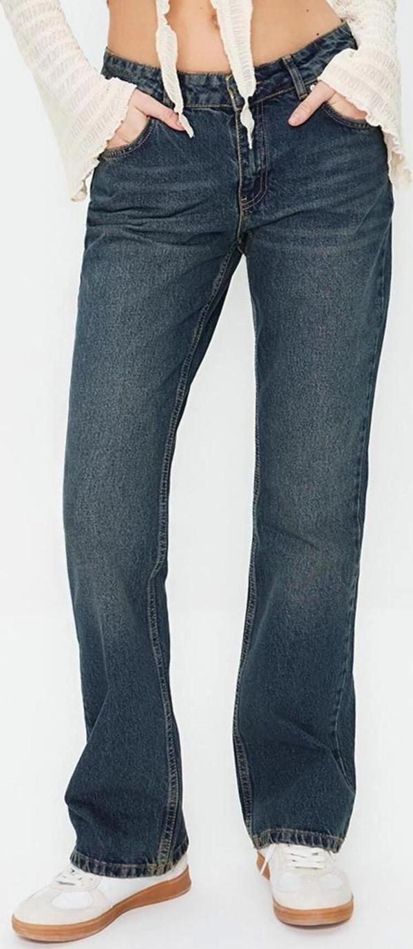 Stil Kadın Moda Denim Kot Pantolon Regular Boru Paça Düşük Bel Straight Jeans - Image 1