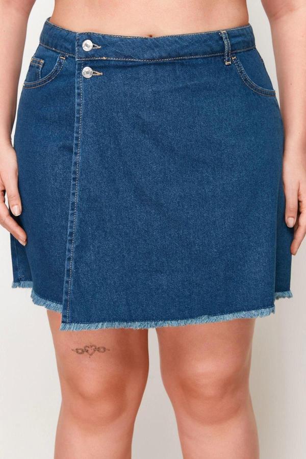 Büyük Beden Moda Denim Normal Bel Dar Paça Gündelik Açık Mavi Yüksek Bel Etek Uçu Püsküllü Şort Etek - Image 1