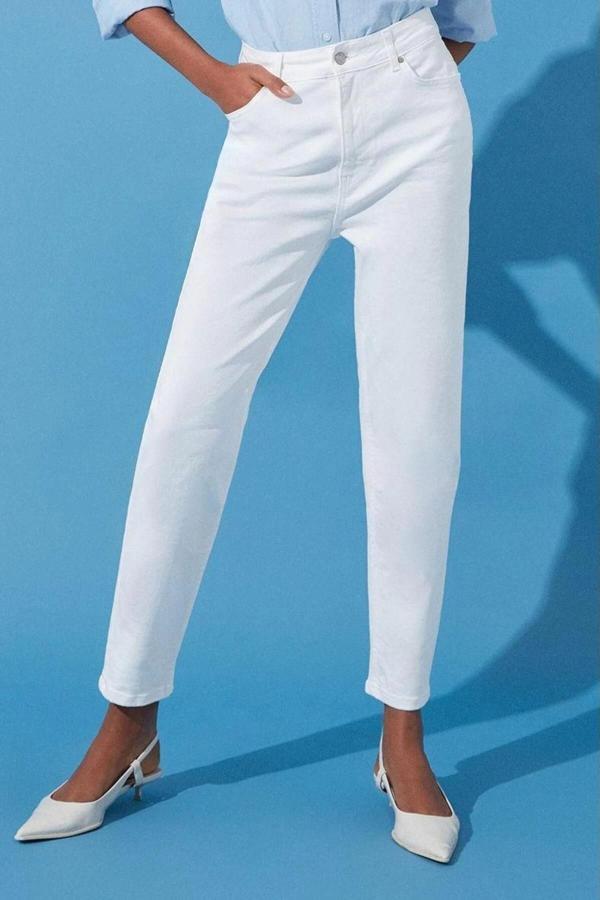 Stil Kadın Moda Denim Kot Pantolon Regular Boru Paça Beyaz Yüksek Bel Mom Jeans - Image 1