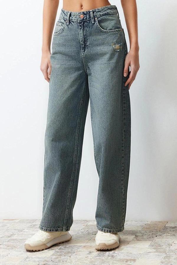 Stil Kadın Moda Denim Kot Pantolon Regular Geniş Paça Mavi Soluk Vintage Düşük Bel - Image 1