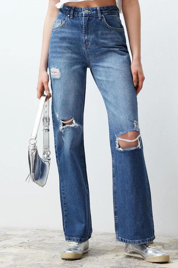 Stil Kadın Moda Denim Kot Pantolon Regular Geniş Paça Mavi Yırtıklı Yüksek Bel Jeans - Image 1