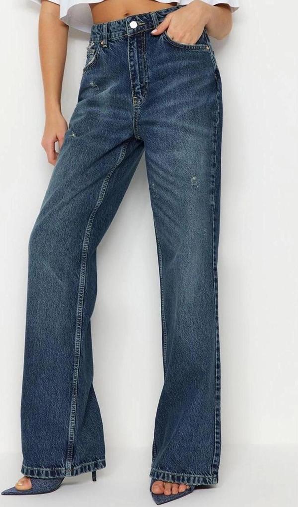 Stil Kadın Moda Denim Kot Pantolon Regular Geniş Paça Mavi Yırtıklı Yüksek Bel Jeans - Image 1