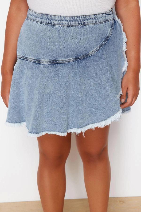 Büyük Beden Moda Denim Yüksek Bel Boru Paça Gündelik Açık Mavi Volan Detaylı Mini Şort Etek - Image 1