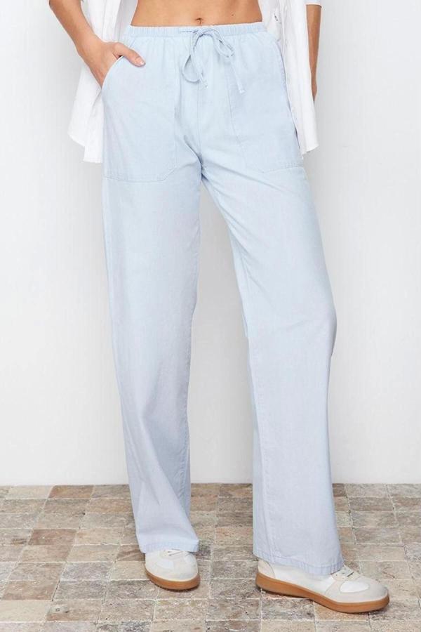 Stil Kadın Moda Denim Kot Pantolon Regular Geniş Paça Beli Lastikli Chambre Yüksek Bel Jeans - Image 1