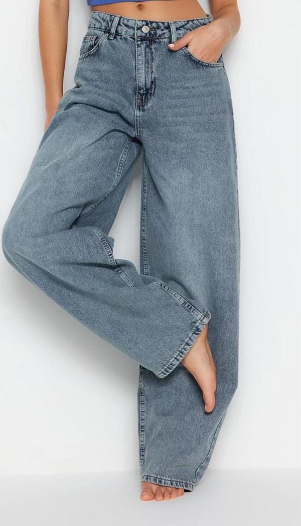 Stil Kadın Moda Denim Kot Pantolon Regular Boru Paça Mavi Düşük Bel Skater Jeans - Image 1