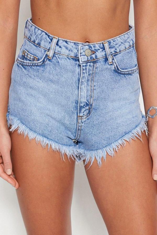 Moda Denim Yüksek Bel Boru Paça Plaj Koyu Mavi Denim Denim %100 Pamuklu Şort Bermuda - Image 1