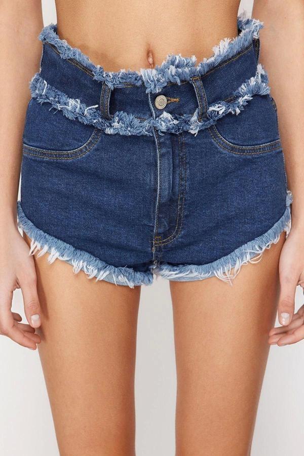 Moda Denim Yüksek Bel Dar Paça Plaj Mavi Denim Püsküllü Şort Bermuda - Image 1