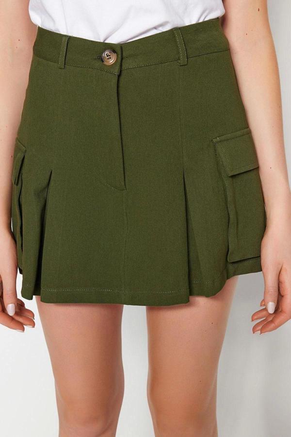Moda Dokuma Yüksek Bel Dar Paça Gündelik Haki Kargo Cepli Dokuma Şort Etek - Image 1