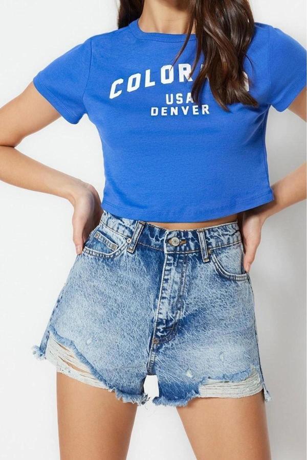 Moda Denim Yüksek Bel Geniş Paça Gündelik Mavi Yırtık Detaylı Şort Bermuda - Image 1