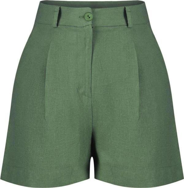 Moda Dokuma Yüksek Bel Geniş Paça Gündelik Haki Pile ve Cep Detaylı Pamuk Keten Dokuma Şort - Image 1