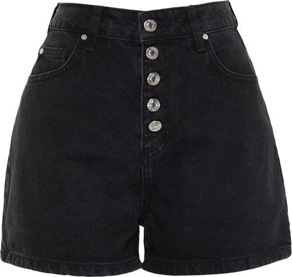 Moda Denim Yüksek Bel Geniş Paça Gündelik Koyu Mavi Önden Düğmeli Yüksek Bel Denim Şort - Image 1