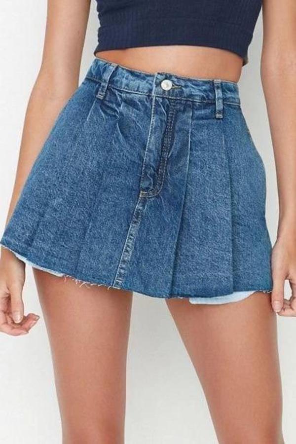 Moda Denim Düşük Bel Geniş Paça Gündelik Beyaz Pileli Normal Bel Şort Etek - Image 1