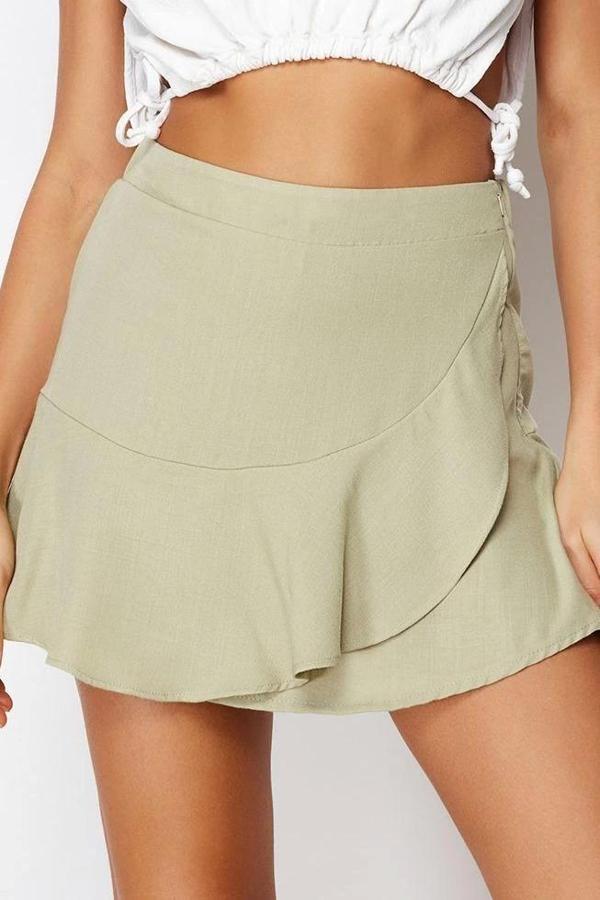 Moda Dokuma Yüksek Bel Boru Paça Gündelik Etek Ucu Fırfırlı Lastikli Keten Görünümlü Şort Etek - Image 1