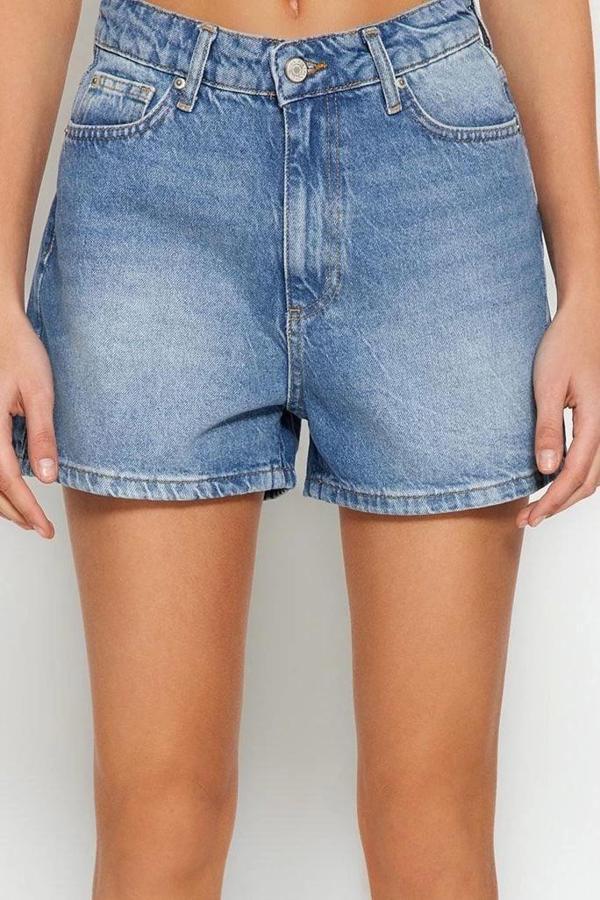 Büyük Beden Moda Denim Yüksek Bel Geniş Paça Gündelik Koyu Mavi Yüksek Bel Destroylu Şort Bermuda - Image 1