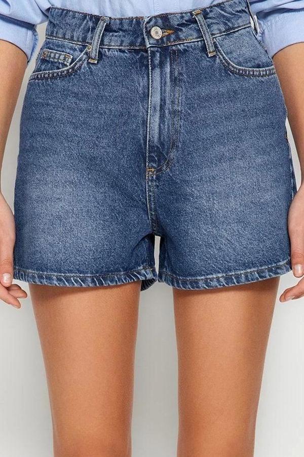 Büyük Beden Moda Denim Yüksek Bel Geniş Paça Gündelik Koyu Mavi Yüksek Bel Destroylu Şort Bermuda - Image 1