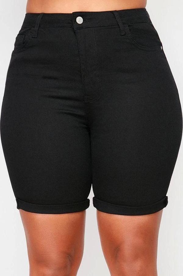 Büyük Beden Moda Denim Yüksek Bel Dar Paça Gündelik Siyah Solmayan Esnek Skinny Şort - Image 1