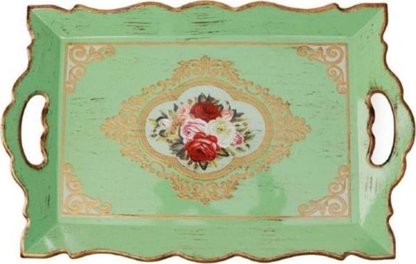 Ancel Su Yeşili Renkli Elcikli Çatlatma Ahşap Tepsi 42.5*28 Cm HKR 452   - Image 1