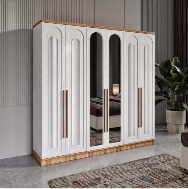 GuneyStore Ücretsiz Montaj - Flora 6 Kapaklı Aynalı Komple Mdf Gardırop - Elbise Dolabı - Image 1