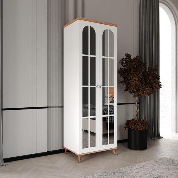 GuneyStore Ücretsiz Montaj - %100 MDF Bohem 2 Kapaklı Aynalı Atlantik Çam Beyaz Gardırop - MDF Dolap - Elbise Dolabı - Image 1