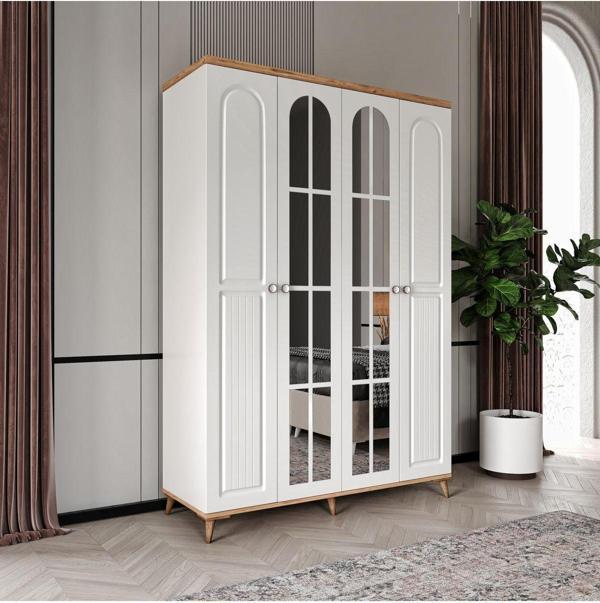 GuneyStore Ücretsiz Montaj - %100 MDF Bohem 4 Kapaklı Aynalı Atlantik Çam Beyaz Gardırop - MDF Dolap - Elbise Dolabı - Image 1