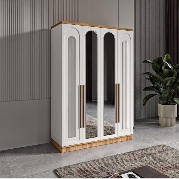 GuneyStore Ücretsiz Montaj Flora 4 Kapaklı Aynalı Komple MDF Gardırop - Elbise Dolabı - Image 1