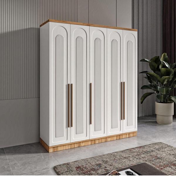 GuneyStore Ücretsiz Montaj Flora 5 Kapaklı Komple MDF Gardırop - Elbise Dolabı - Image 1