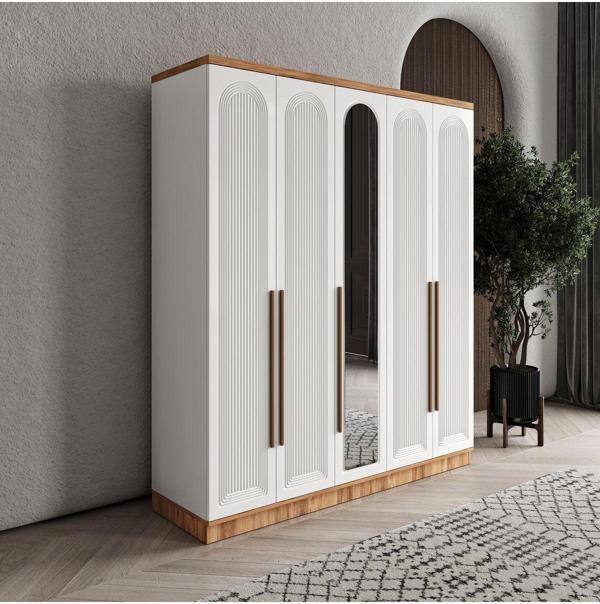 GuneyStore Ücretsiz Montaj Rosa 5 Kapaklı Komple MDF Aynalı Gardırop - Elbise Dolabı - Image 1