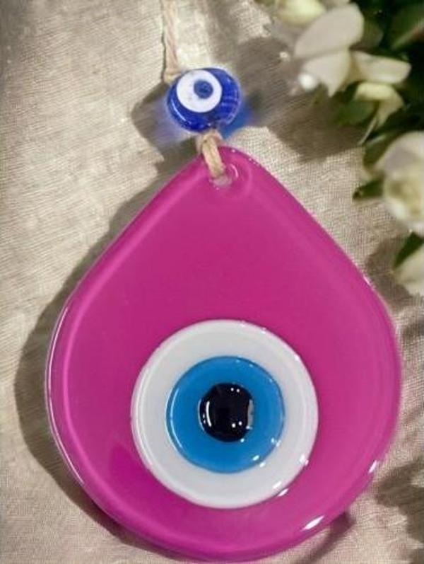 Orta Boy Pembe Damla Desen Nazar Boncuklu Duvar Dekoru Cam Duvar Süsü - Image 1
