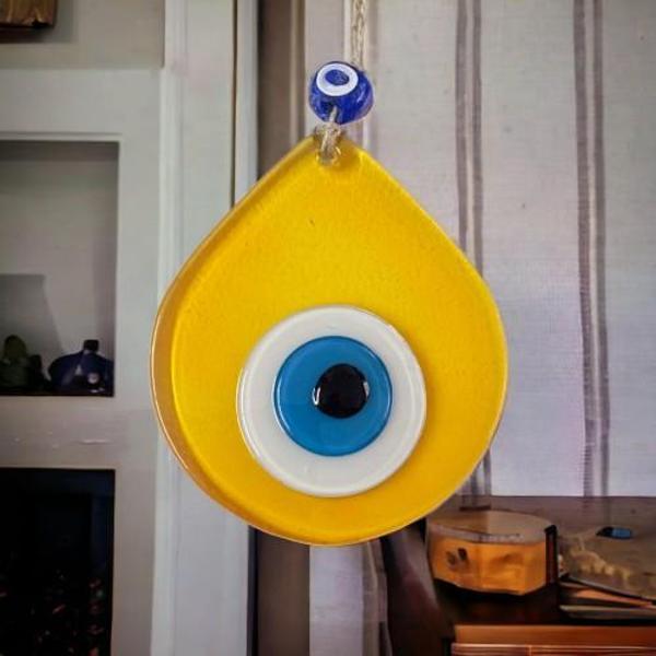 Orta Boy Şeffaf Sarı Damla Desen Nazar Boncuklu Duvar Dekoru Cam Duvar Süsü - Image 1