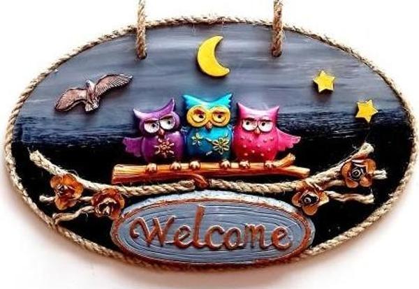 Renkli Baykuşlu Welcome Yazılı El Yapımı Kapı Süsü - Image 1