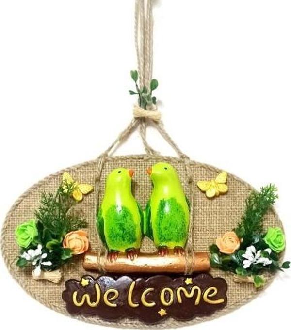 Yeşil Kuşlu Welcome Yazılı El Yapımı Kapı Süsü - Image 1
