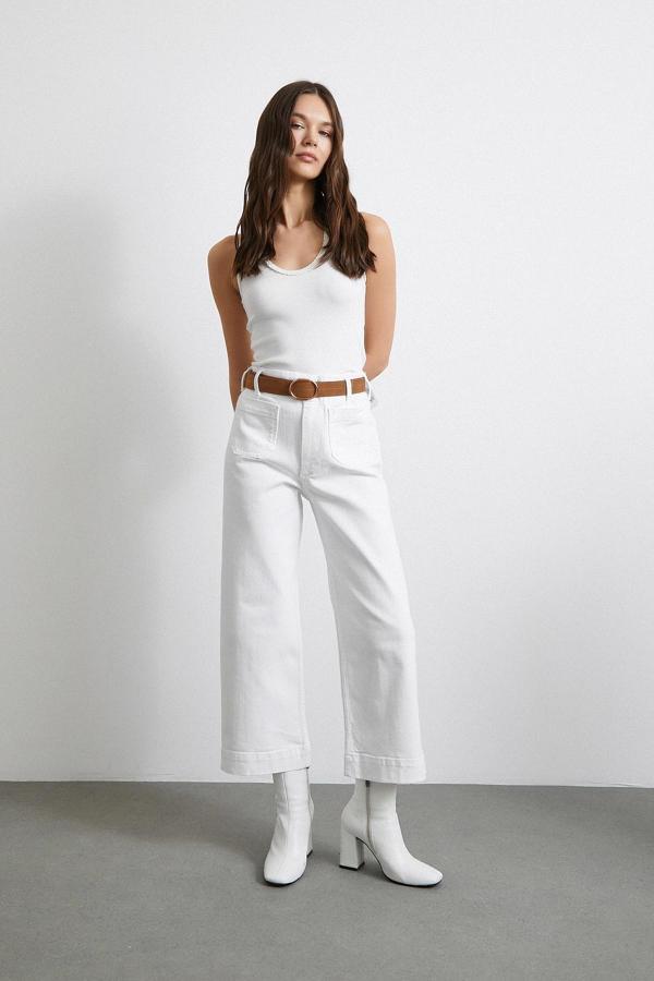 Cep Ve Düğme Detaylı Wide Leg Jean Beyaz - Image 1