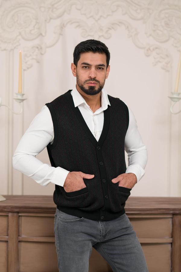 Woolen World Regular Fit Ön Cepli Desenli Kolsuz Erkek Triko Yelek - Image 1