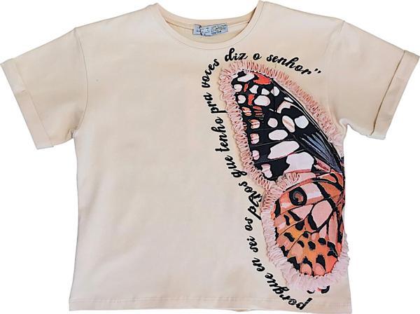 Kız Çocuk Büyük Kelebek Baskı ve Şifon Aksesuarlı Tshirt - Image 1