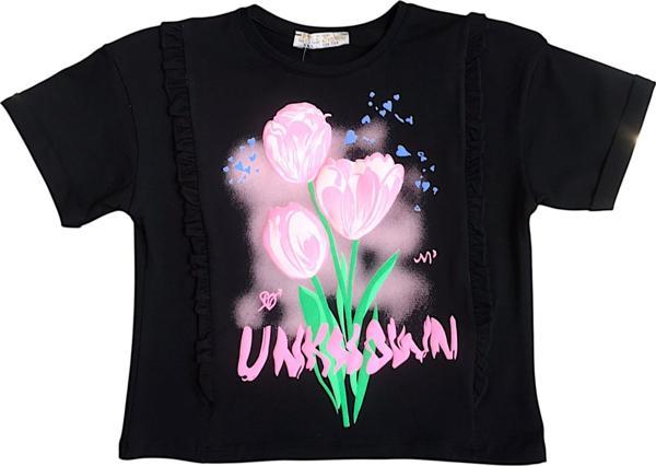 Kız Çocuk Çiçek Baskılı Fırfır Kenarlı Tshirt - Image 1