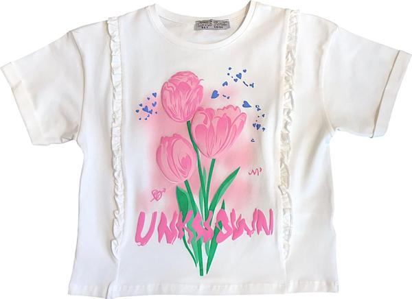 Kız Çocuk Çiçek Baskılı Fırfır Kenarlı Tshirt - Image 1